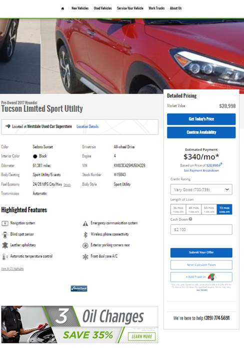 Screenshot of a Vehicle Detail Page